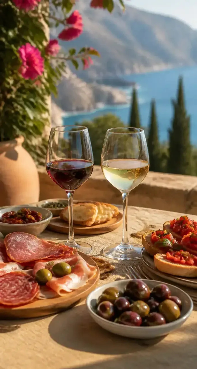 Verres de vin et antipasti italiens dans une ambiance m&eacute;diterran&eacute;enne