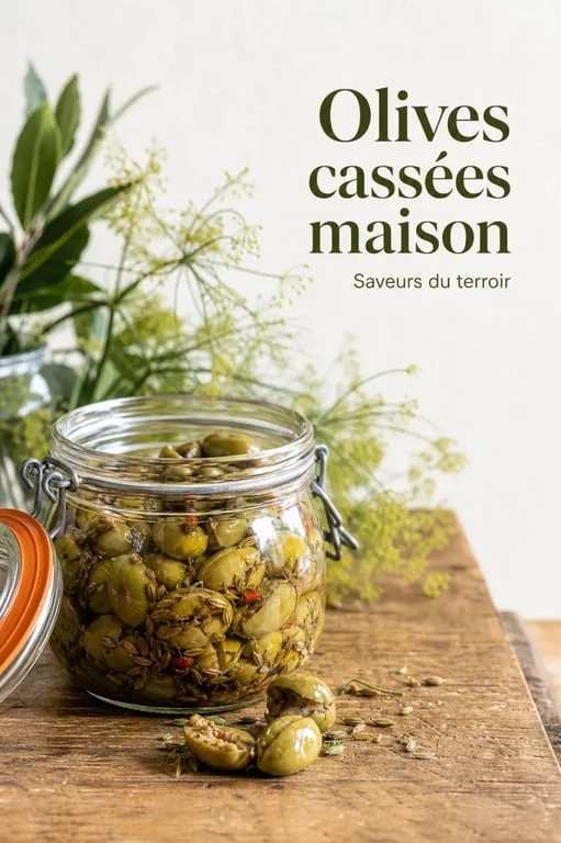 Recette d'olives cassées maison dans un bocal en verre, prêtes pour l'apéritif.