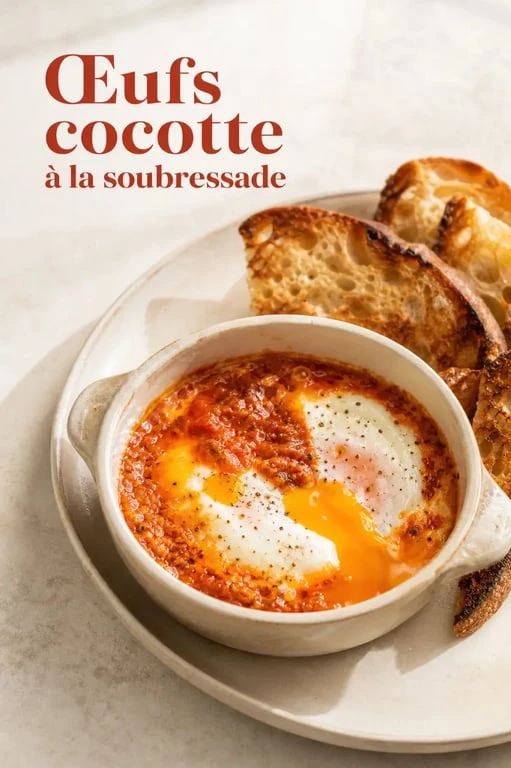 Recettes soubressade : œufs cocotte à la soubressade avec pain grillé, assiette dressée et jaune d’œuf coulant