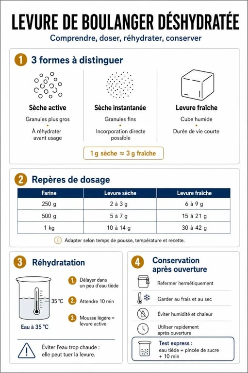 Infographie sur la levure de boulanger déshydratée : types, dosage et conservation