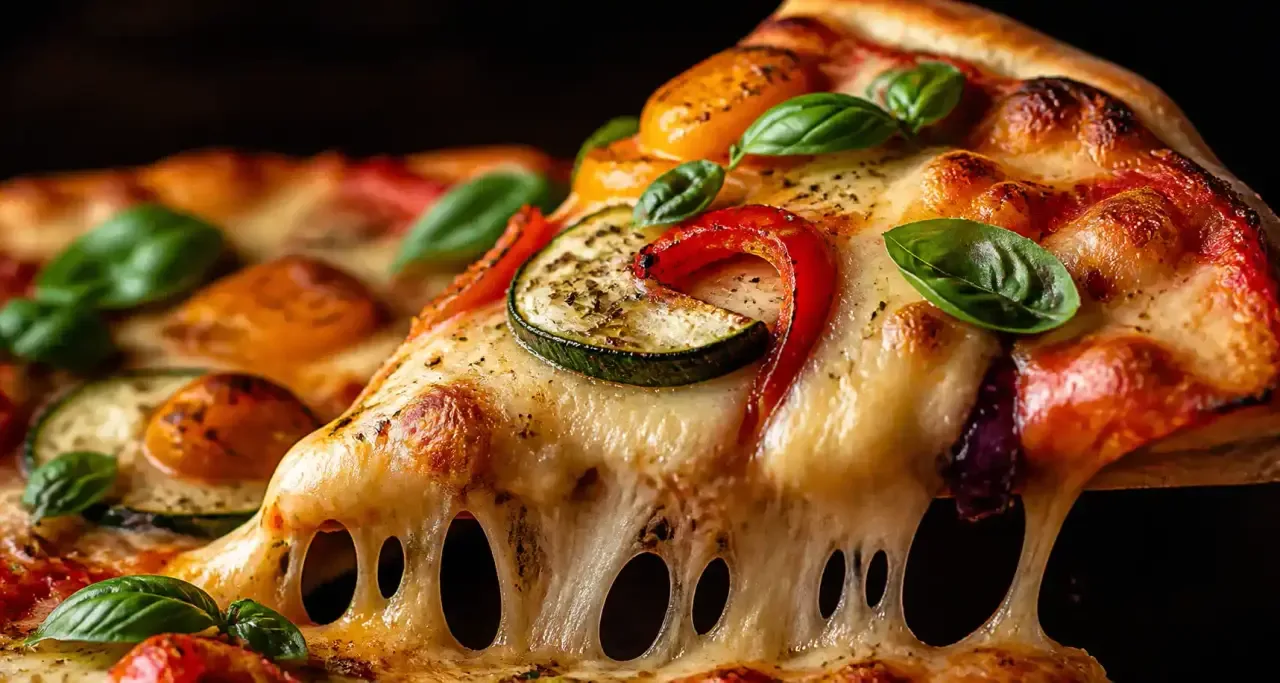 Part de pizza au fromage filant photographi&eacute;e en gros plan &agrave; la sortie du four