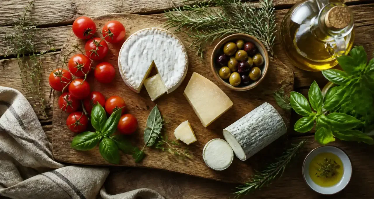Ingr&eacute;dients du terroir dispos&eacute;s sur une planche en bois rustique
