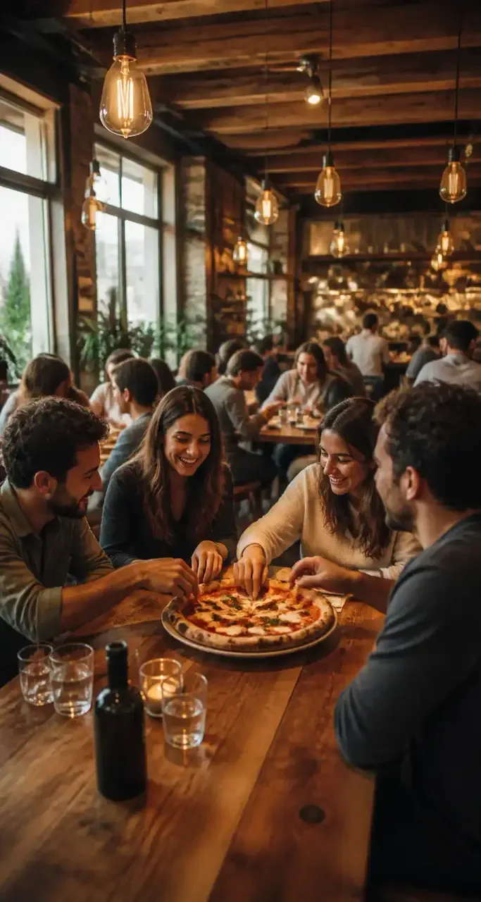 Salle chaleureuse d'une pizzeria moderne avec comptoir ouvert et tables conviviales
