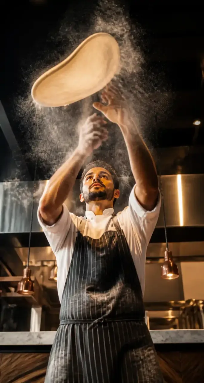 Pizzaiolo &eacute;tirant une p&acirc;te &agrave; pizza dans une cuisine ouverte