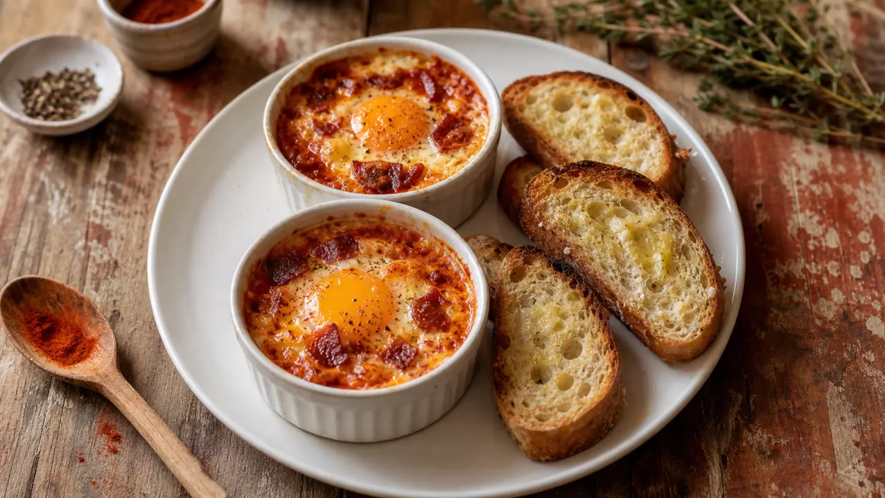 Recettes soubressade : œufs cocotte à la soubressade, pain grillé et paprika