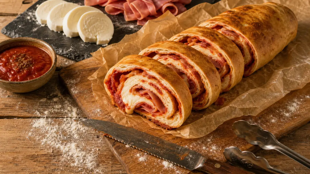 Rotolini di pizza : spirales pâte, tomate, mozzarella et jambon