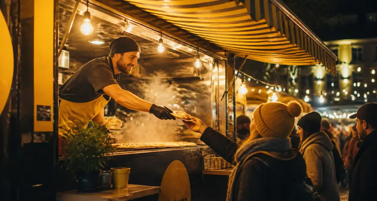 Stand de street food au march&eacute; nocturne avec auvent ray&eacute; jaune et noir et cuisinier servant une part de pizza