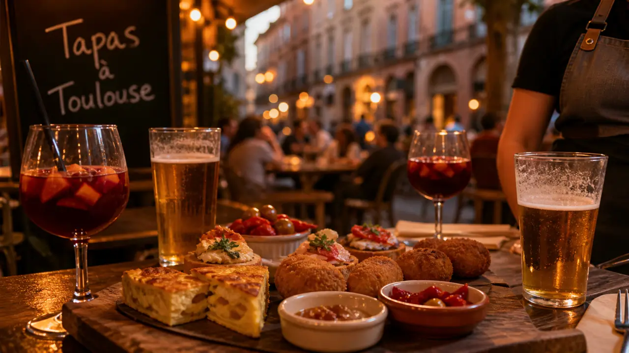 Bar à tapas à Toulouse : planche de tapas, sangria et terrasse animée au golden hour