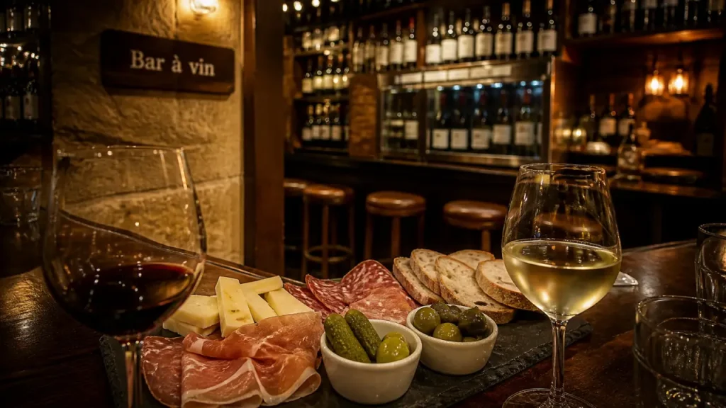 Bar à vin paris Montparnasse : planche apéritive et verres de vin