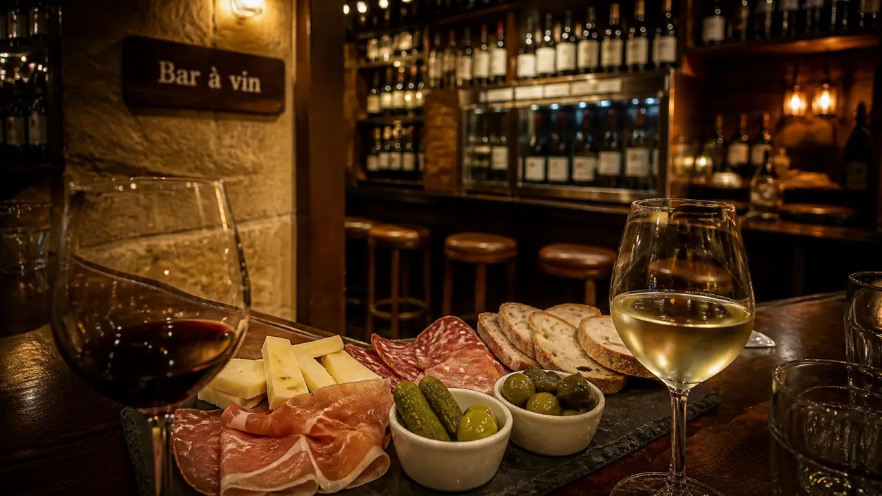 Bar à vin paris Montparnasse : planche apéritive et verres de vin