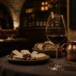 Bar à vin romantique paris : verre de vin rouge, lumière douce