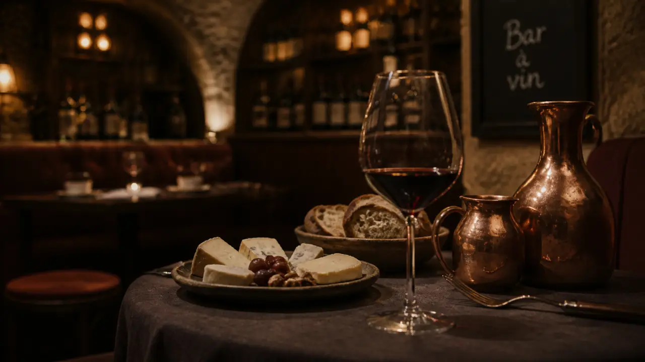 Bar à vin romantique paris : verre de vin rouge, lumière douce