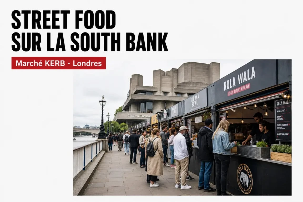 Kerb street food sur la South Bank à Londres, marché en plein air et stands de cuisine indépendante