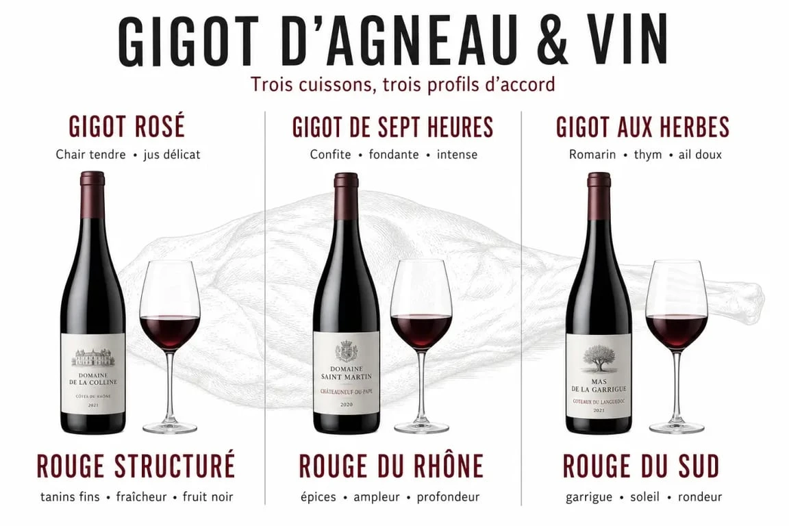 Quel vin servir avec le gigot d'agneau selon la cuisson : guide visuel des accords