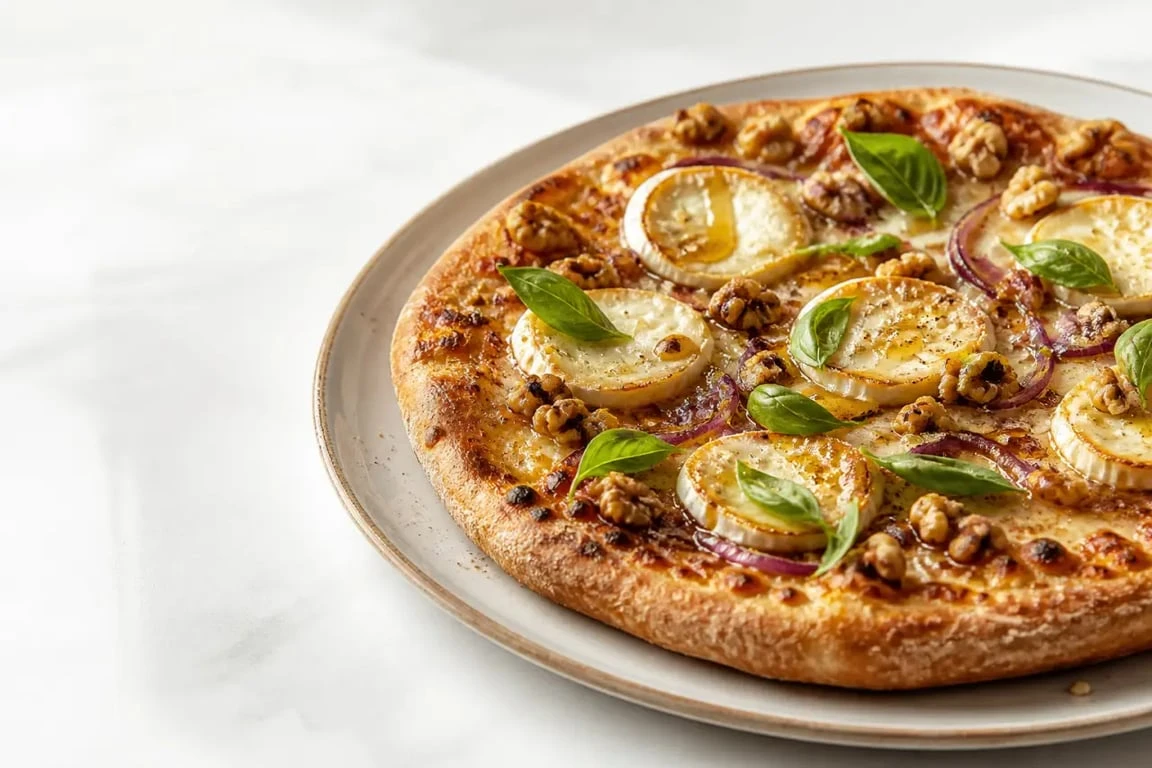 Recette pizza chevre miel maison, pizza dorée avec chèvre fondant, miel et noix sur assiette