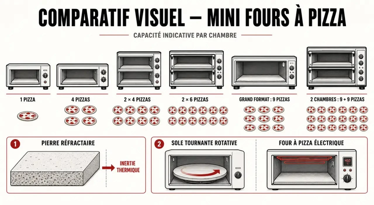 Comparatif de four a pizza miniature avec capacités, pierre réfractaire et sole tournante