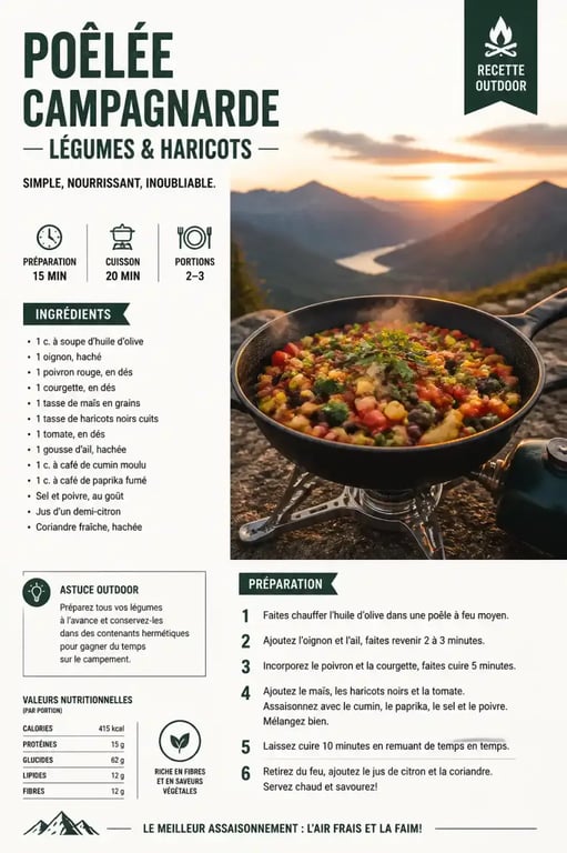 Cuisiner en voyage : une poêlée de légumes colorée sur un réchaud de camping en plein air
