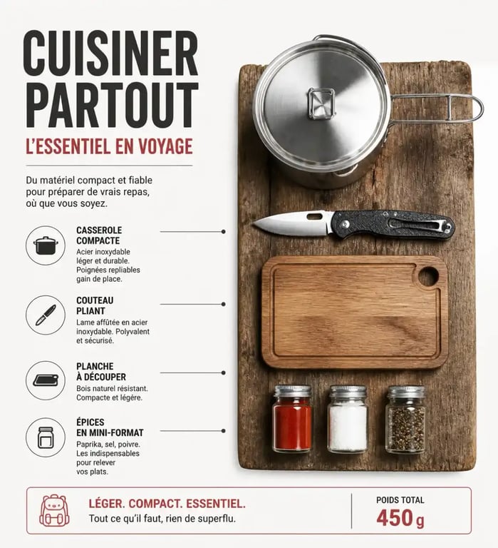 Matériel minimaliste pour cuisiner en voyage : casserole, couteau et épices de base