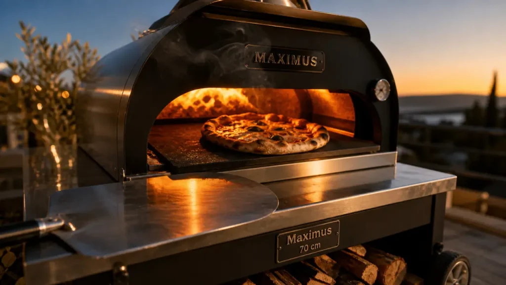 four a pizza maximus 70 cm en feu de bois, pizza dorée