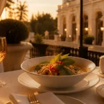 l orchidee hôtel restaurant gastronomique ensisheim : table thaï, bouillon fumant sur terrasse au coucher du soleil