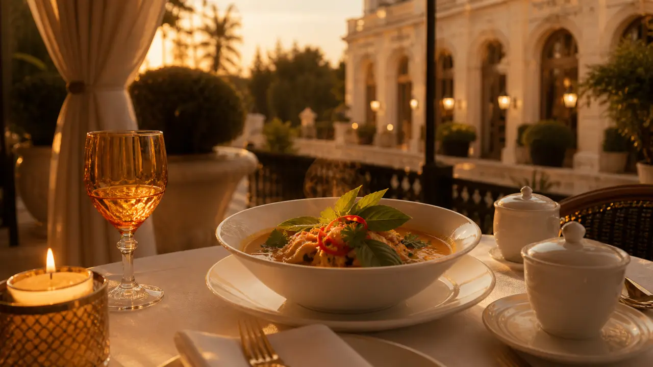 l orchidee hôtel restaurant gastronomique ensisheim : table thaï, bouillon fumant sur terrasse au coucher du soleil