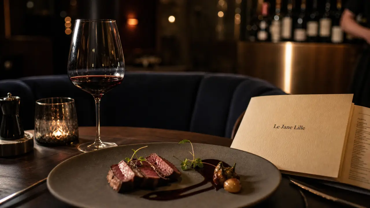 Le Jane - restaurant gastronomique à Lille : carte des vins et assiette.
