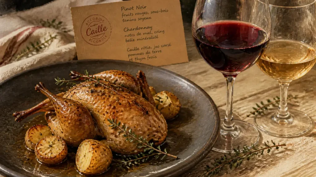 Quel vin servir avec des cailles : caille rôtie, herbes et verres de vin