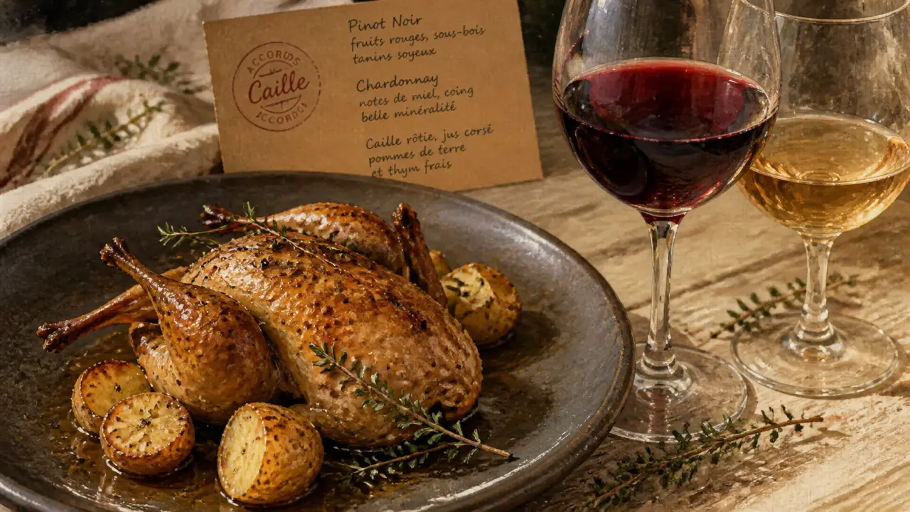 Quel vin servir avec des cailles : caille rôtie, herbes et verres de vin