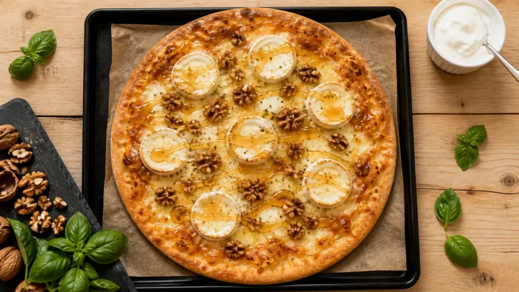 Recette pizza chevre miel maison, chèvre fondante et filet de miel sur pâte dorée