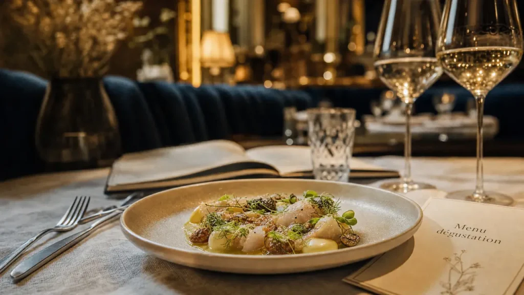 Restaurant gastronomique influence nice : assiette signature en salle feutrée près du port