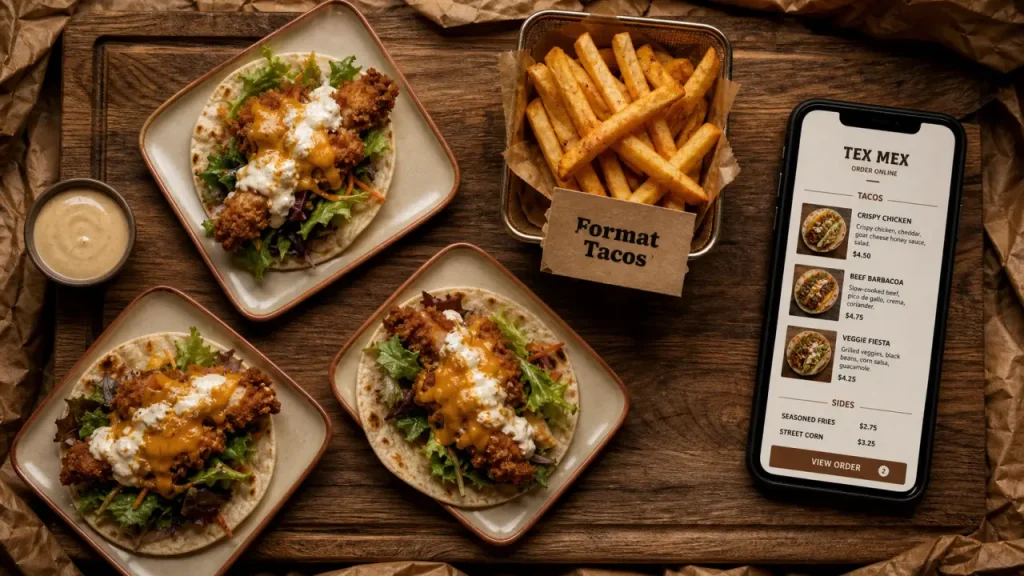 Street food mondelange : tacos à composer, burgers et frites, menu au smartphone