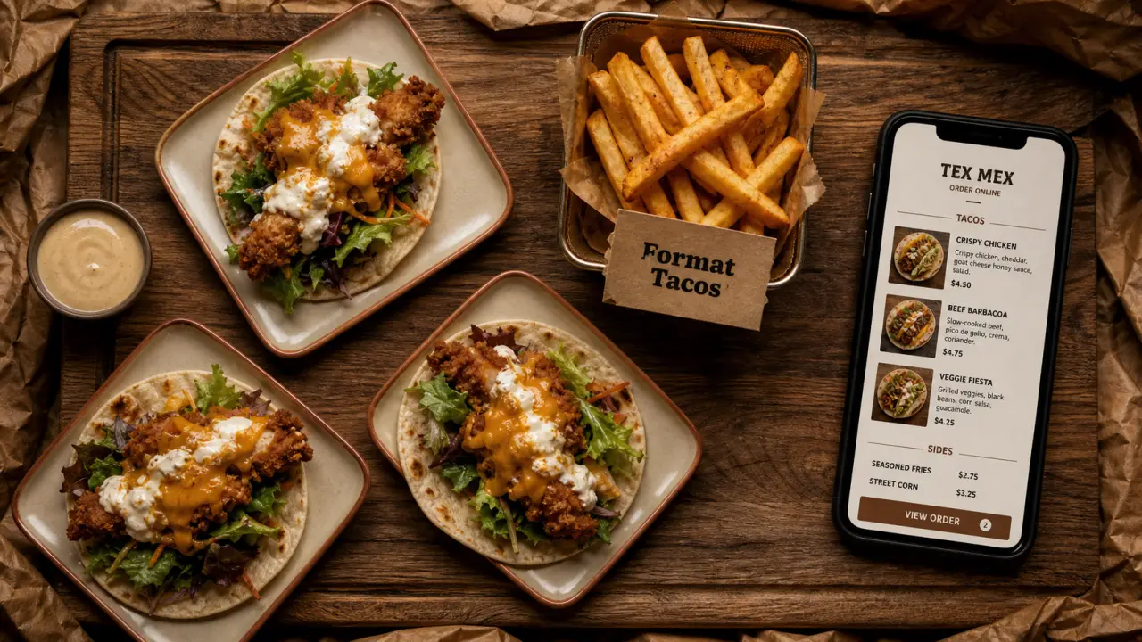 Street food mondelange : tacos à composer, burgers et frites, menu au smartphone