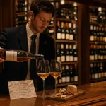 Symbiose restaurant gastronomique et bar à dégustation à Cabourg : sommelier verse un vin, ambiance chaude