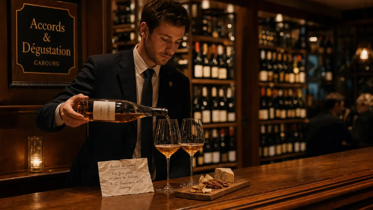 Symbiose restaurant gastronomique et bar à dégustation à Cabourg : sommelier verse un vin, ambiance chaude