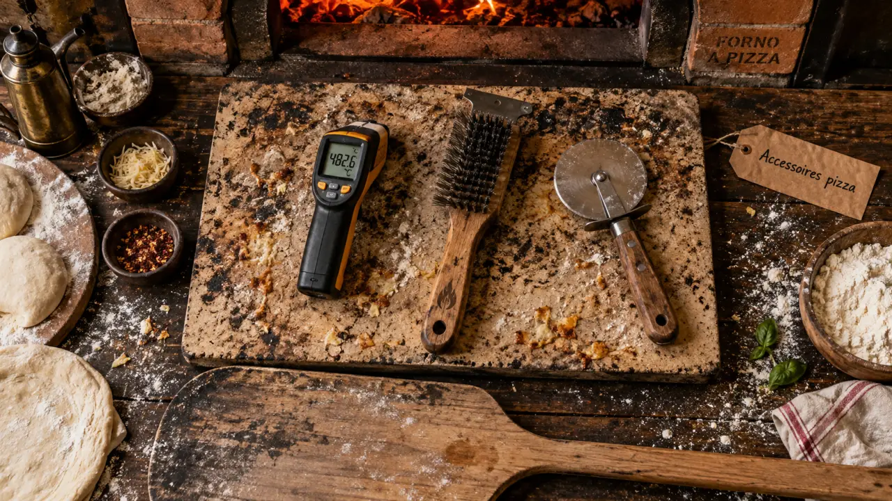 Accessoire four a pizza : pelle, thermomètre laser et brosse sur pierre réfractaire