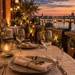 Au Pois Gourmand restaurant gastronomique : table dressée et vue sur la Garonne à Toulouse