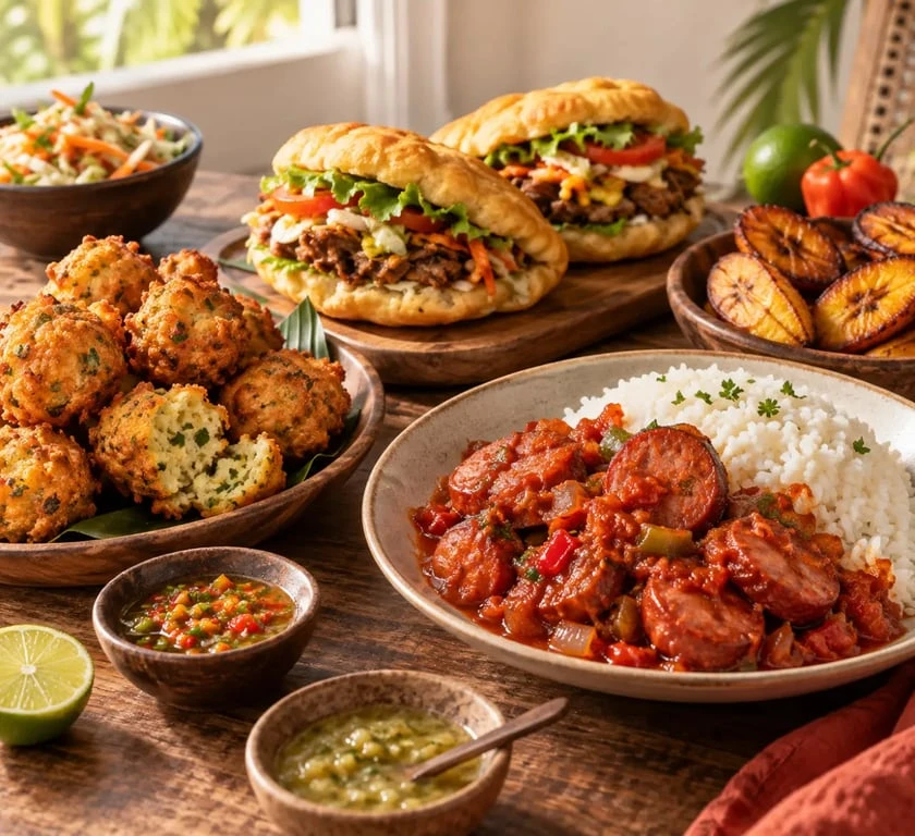 Créole street food avec accras, bokit, rougail saucisse, riz et bananes plantains