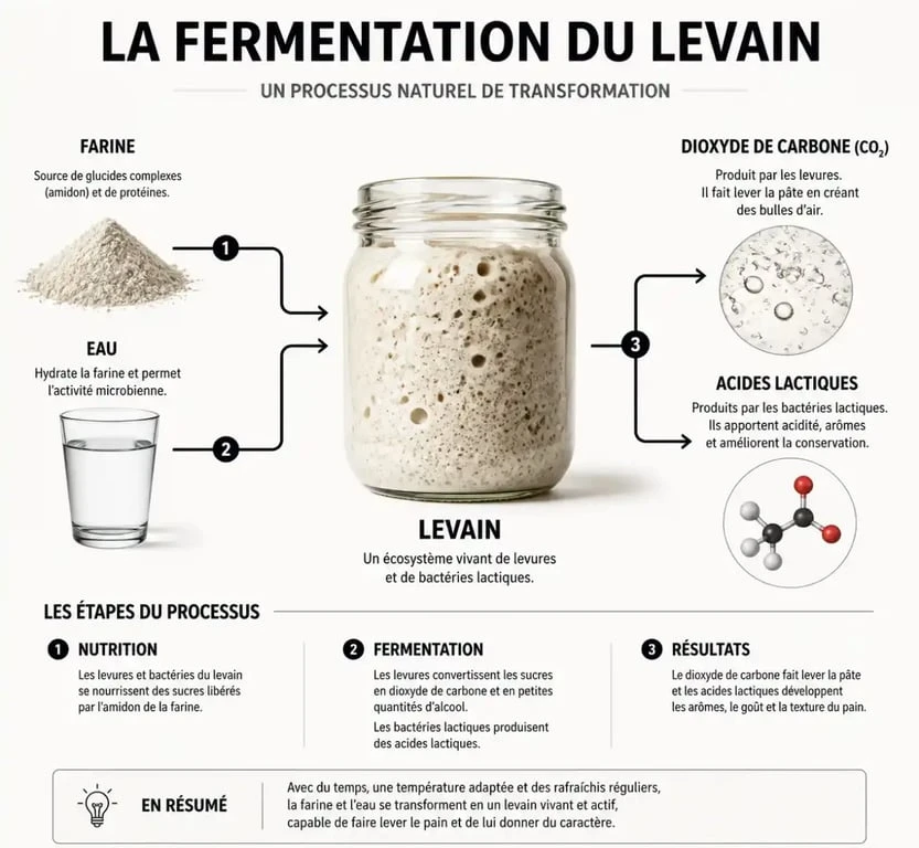 Schéma du processus de fermentation du levain naturel