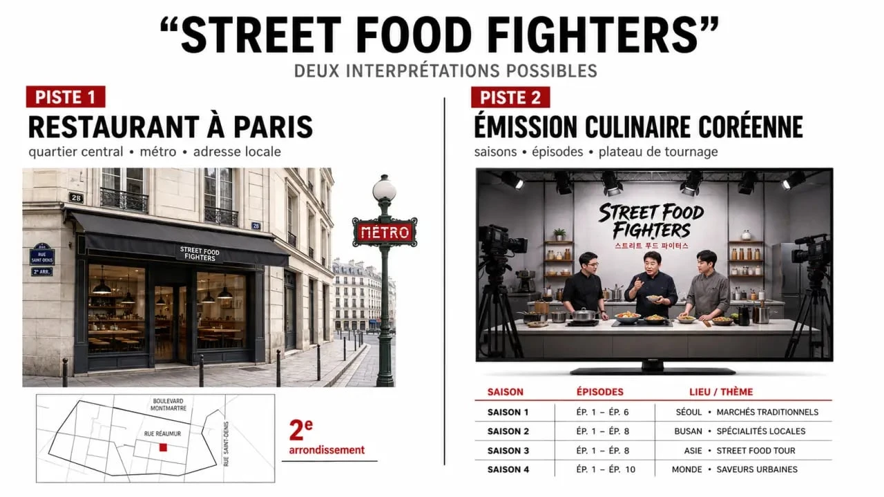 Street food fighters : visuel éditorial montrant la différence entre le restaurant parisien et la série télévisée coréenne