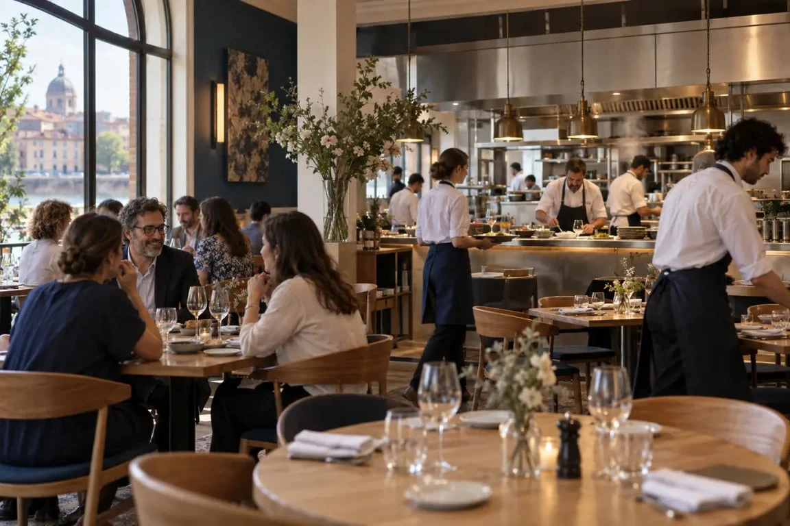 Salle et cuisine ouverte du restaurant gastronomique Solides à Toulouse