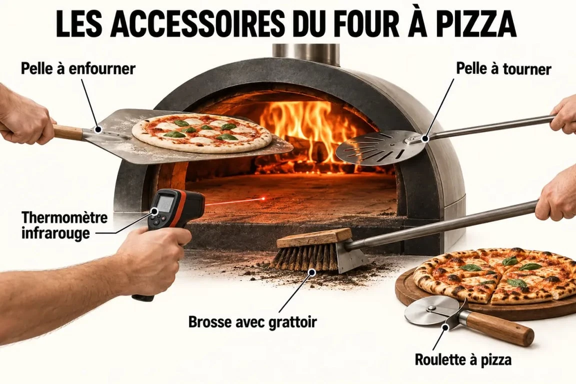 Accessoire four à pizza : pelle à enfourner, thermomètre infrarouge, pelle à tourner et brosse de nettoyage en situation