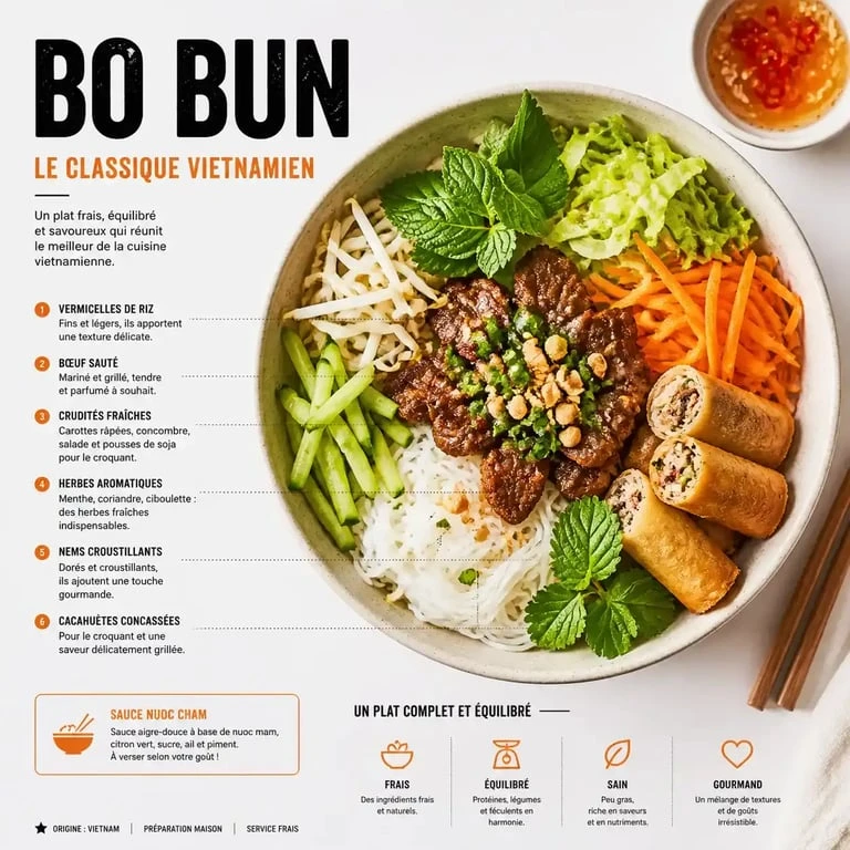 Bol de Bo Bun vietnamien frais et coloré, plat emblématique de Bolkiri asian street food