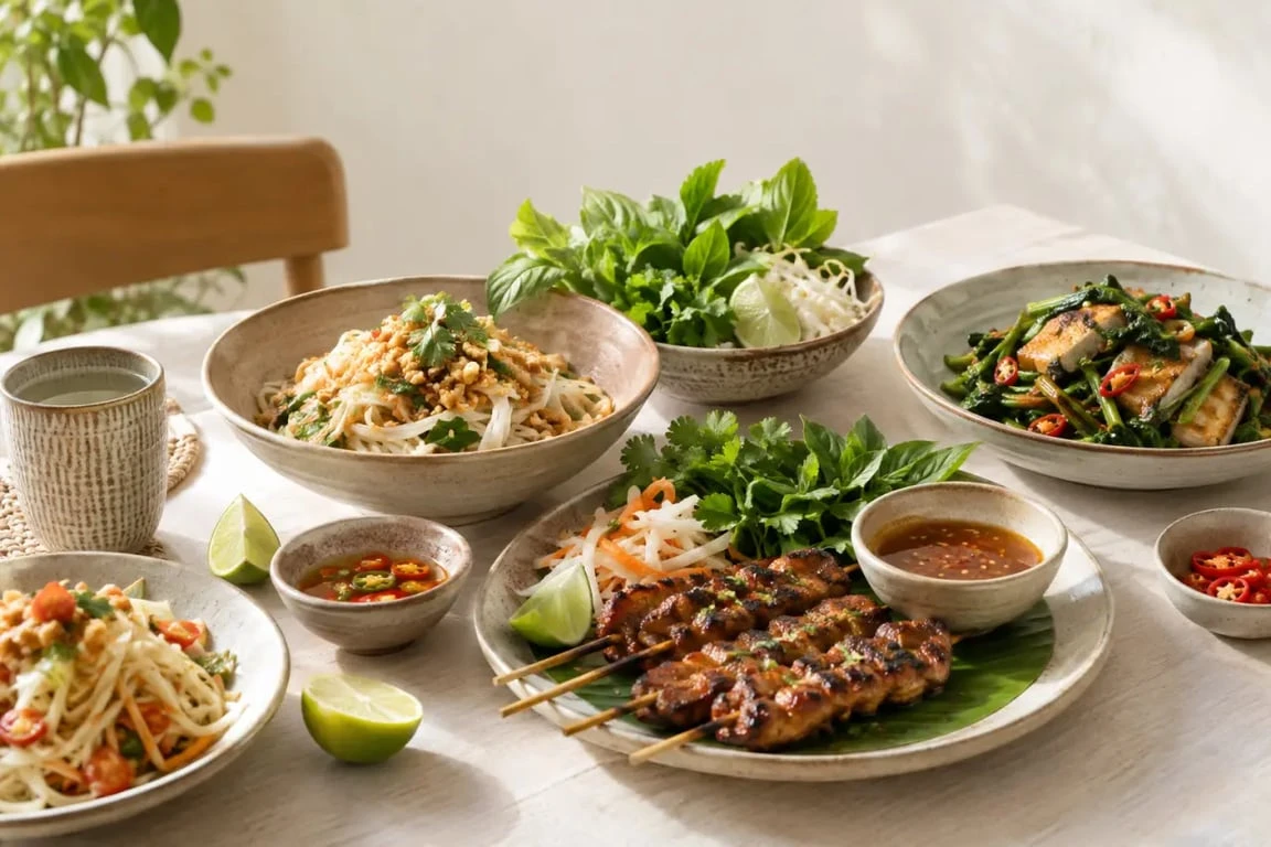 Khmer street food avec plats cambodgiens, sauces maison et herbes fraîches sur une table conviviale