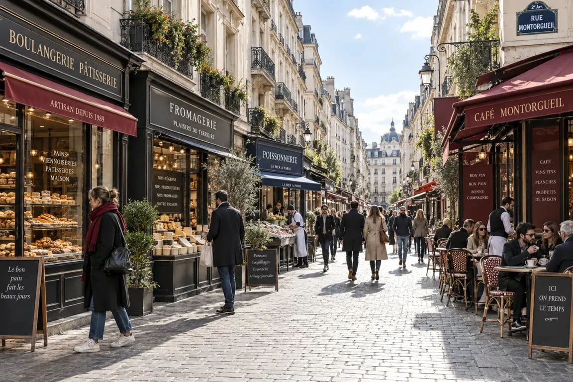 Rue Montorgueil food street à Paris avec vitrines de commerces de bouche et terrasses