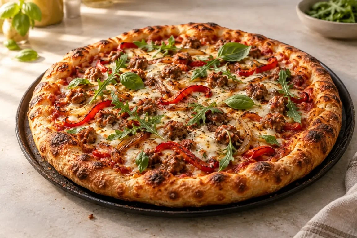Pizza saucisse italienne aux poivrons, mozzarella fondue et pâte croustillante