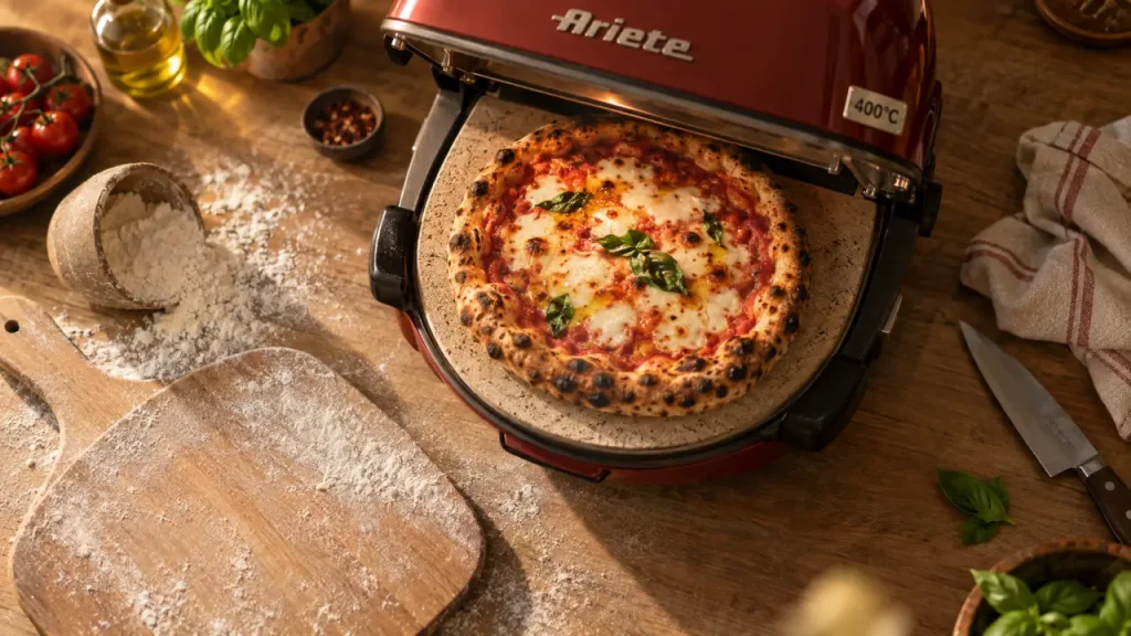 Four pizza Ariete 400°C : préchauffage 15 min, pizza dorée