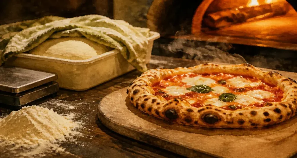 Pate a pizza napolitaine en cuisson sur pierre réfractaire