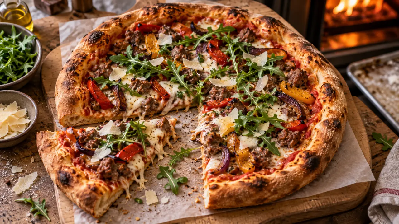Pizza saucisse italienne : mozzarella fondante, salsiccia, sauce tomate, pâte croustillante