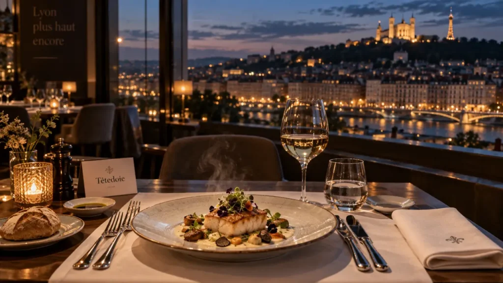 Restaurant gastronomique Christian Têtedoie à Lyon, salle avec vue crépuscule