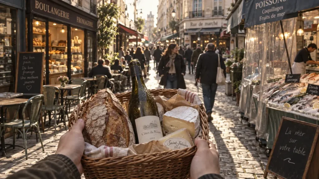 Rue montorgueil food street : pain et fromage sur un marché parisien